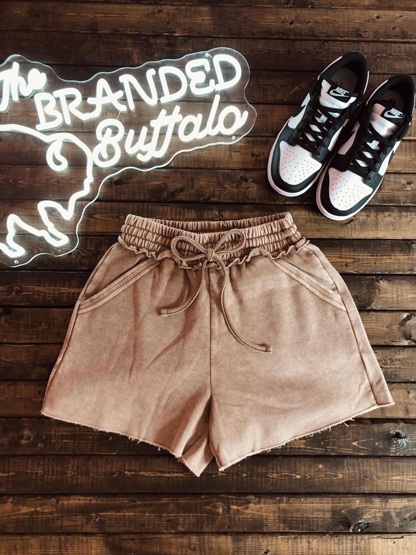 Deep Camel Washed Drawstring Shorts