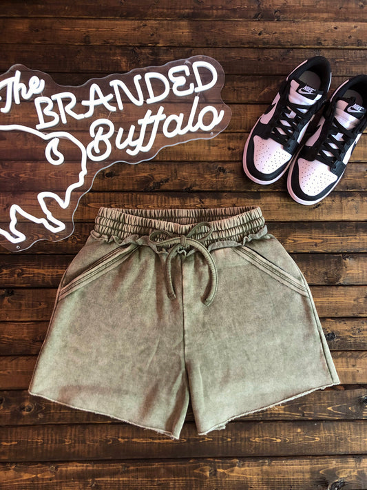 Olive Washed Drawstring Shorts