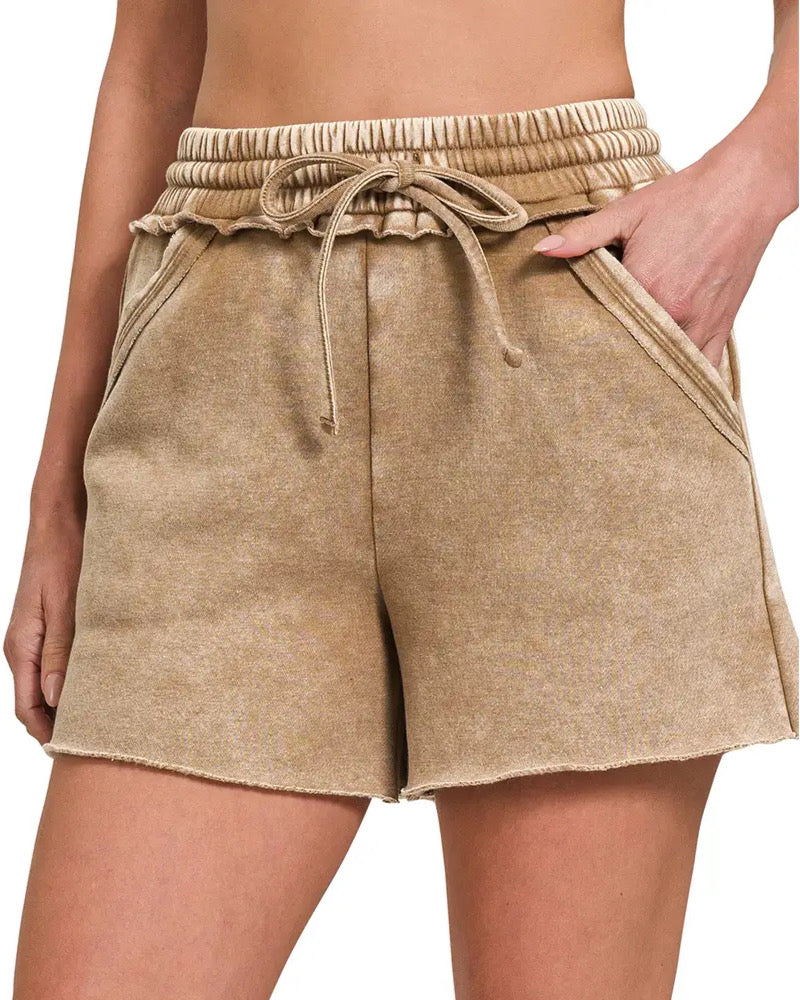 Deep Camel Washed Drawstring Shorts