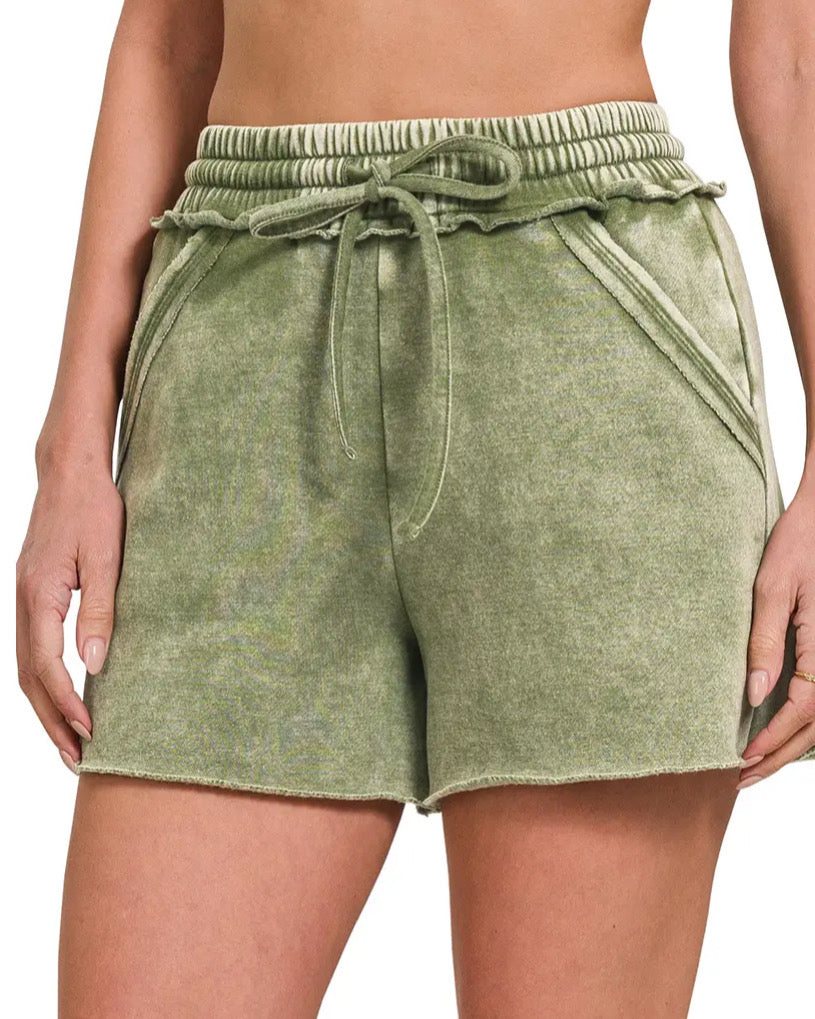 Olive Washed Drawstring Shorts